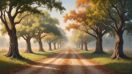 Fototapeta premium A tranquil tree-lined dirt road bathed in soft sunlight