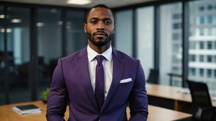Fototapeta premium adult black hair african man in purple formal attire model portrait looking confident on an office background for ad concept space for text