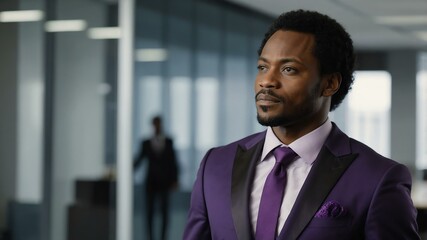 Fototapeta premium adult black hair african man in purple formal attire model portrait looking confident on an office background for ad concept space for text
