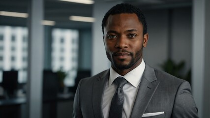 Fototapeta premium adult black hair african man in gray formal attire model portrait looking confident on an office background for ad concept space for text