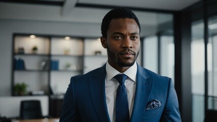 Obraz premium adult black hair african man in blue formal attire model portrait looking confident on an office background for ad concept space for text