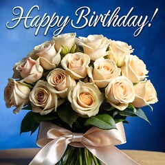 a festive greeting card with a large gorgeous bouquet of roses and the inscription Happy Birthday on the background