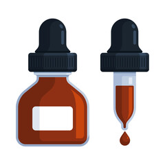 Brown dropper bottle with pipette and droplet. Flat vector illustration isolated on white background with copy space. Ink, dye, colorant, tincture, reagent, essential oil, serum concept