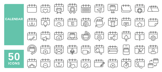 Set of 50 line icons related to calendar, appointment, schedule, event, organizer, timetable, time, meeting, date, day, week, month, year, Editable stroke. Vector illustration