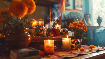 Obraz premium Traditional Día de los Muertos Ofrenda with Colorful Sugar Skulls and Marigolds in Cozy Living Room