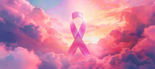 Breast Cancer Awareness Pink Ribbon Glowing in Pastel Sky for Social Media and Print Campaigns
