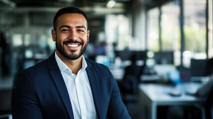 Fototapeta premium Confident Businessman Smiling In Office Environment Wearing Formal Suit Professional Portrait