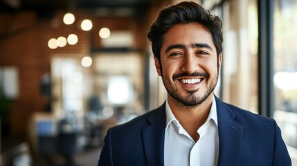 Fototapeta premium Smiling Business Executive Wearing Formal Suit Standing In Bright Modern Office 