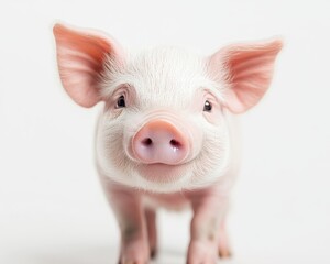 Blurred white background with pig smiling in soft focus