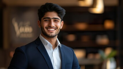Obraz premium Confident Young Businessman Smiling In Corporate Office Setting Professional Portrait 