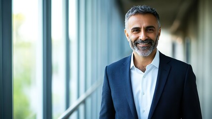 Fototapeta premium Confident Business Leader Smiling in Office Attire in Modern Corporate Workspace Setting