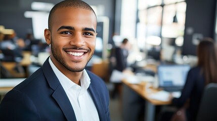 Obraz premium Successful Businessman Smiling Confidently in Formal Attire Posing in Modern Corporate Office Space