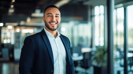Fototapeta premium Smiling Male Business Professional in Stylish Office Attire Confidently Posing in Corporate Setting