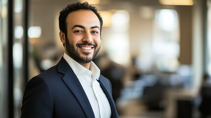 Smiling Business Professional in Modern Office Confidently Posing in Stylish Business Suit