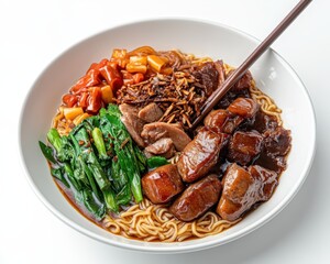 Braised dry noodle with pork trotter vegetables and dark soy sauce on white plate for Asian restaurant