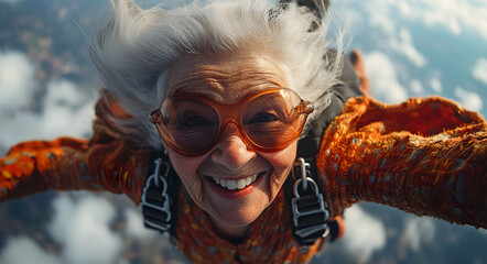 “Selfie of an Elderly Woman Skydiving, Smiling and Having Fun”
