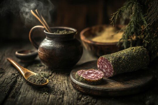 Brazilian chimarr&atilde;o with yerba mate in rustic setting with Arauc&aacute;ria pine trees and smoked salami