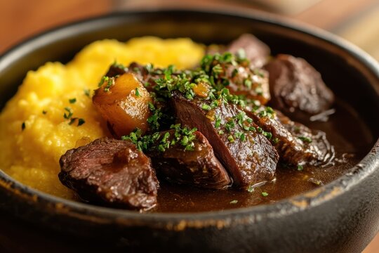 Brazilian dish featuring beef tongue cooked in Madeira sauce and served with polenta