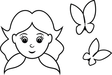 Kids Coloring Vector of Child with Two Butterflies in Cute Design
