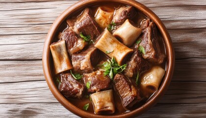 Fototapeta premium Bulalo a Filipino beef stew with marrow bones in a bowl on the table viewed from above