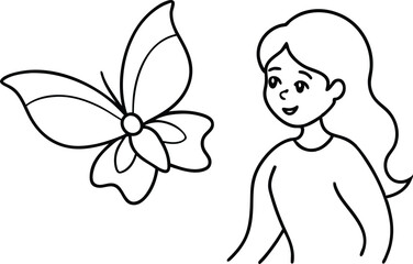 Vector Illustration of Kids and Buzzing Butterflies for Coloring
