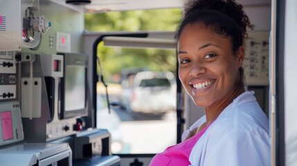 Smiling Woman Receiving Breast Cancer Screening at Mobile Mammogram Unit for Accessible Care