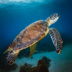 Obraz premium Isolated sea turtle with depth of field capturing textured shell and oceanic grace