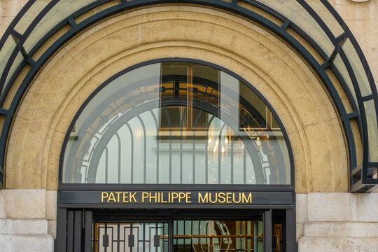 Geneva, Switzerland - September 10, 2024: sign and logo on the entrance of the Patek Philippe Museum, a private Swiss watch museum