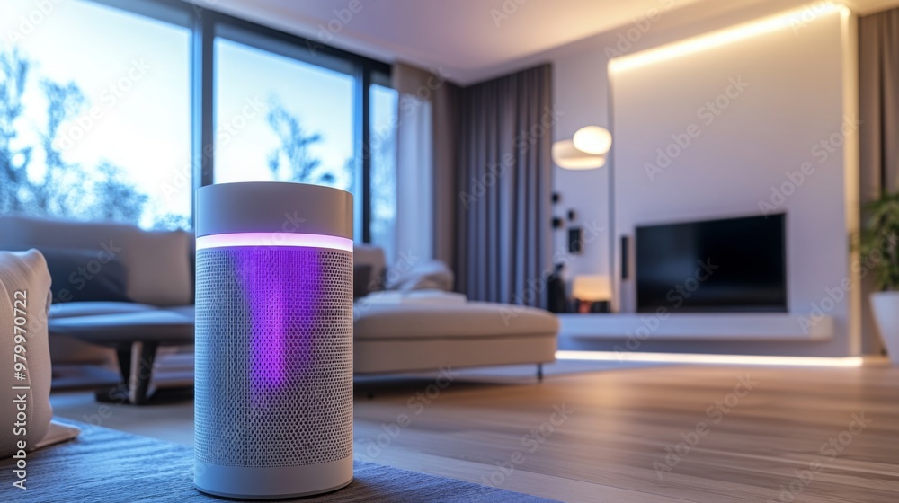Poster a modern living room showcases a sleek smart speaker emitting colorful light, set against a backdrop