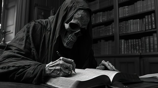 A skeletal figure wearing a hooded robe sits at a table in a library, writing in a large, open book. The figure's face is obscured by the hood, but the skeletal hands and arms are visible.