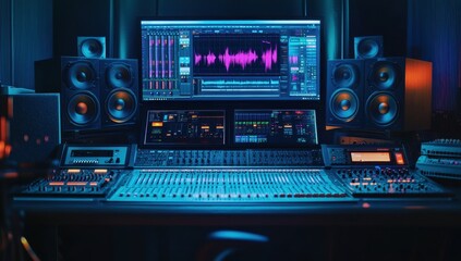 The interior of an advanced music production studio, featuring professional equipment such as mixers and monitors on the desk, with large screens displaying recording software Generative AI