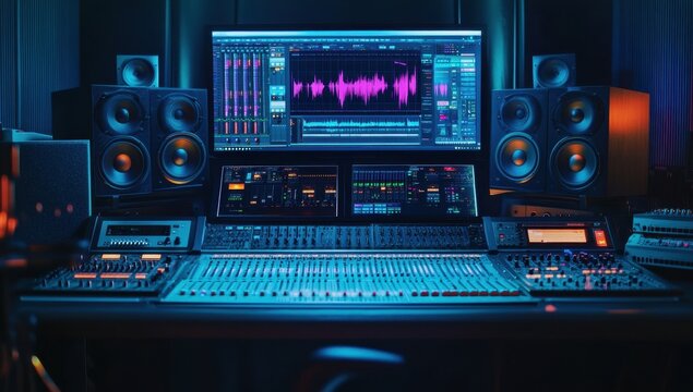 The interior of an advanced music production studio, featuring professional equipment such as mixers and monitors on the desk, with large screens displaying recording software Generative AI