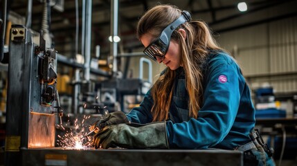 A skilled female welder focuses on her task in a bustling industrial workshop, expertly using welding tools and producing sparks while metalworking