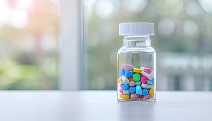 Clear bottle with blank label filled with colorful capsules, representing supplement branding and health products