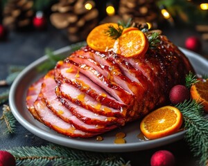 Christmas ham with orange honey glaze on a plate