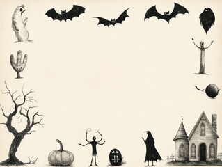 Spooky vintage halloween background with bats, haunted houses, and pumpkins