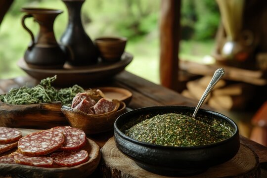 Classic Brazilian gaucho mat&eacute; with dramatic lighting in rustic setting with Arauc&aacute;ria pine trees and smoked salami
