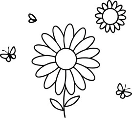 Daisy with Sun and Butterflies Vector Illustration for Kids Coloring Fun
