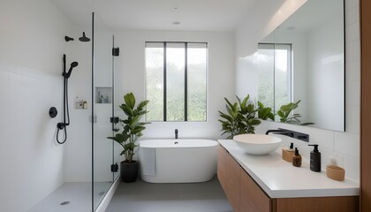 A sleek bathroom with a floating vanity, a frameless glass shower, and clean, white tiles.