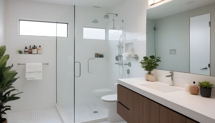 Obraz premium A sleek bathroom with a floating vanity, a frameless glass shower, and clean, white tiles.
