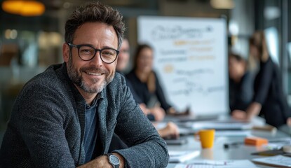 Smiling businessman sitting confidently at a conference table during a productive meeting at the office