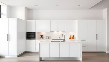 Fototapeta premium A contemporary kitchen with clean lines, white cabinets, and a minimalist design.