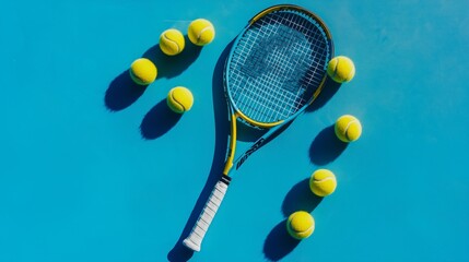 Bright yellow tennis balls and a sleek racket on a blue court embody summer sports and active living.