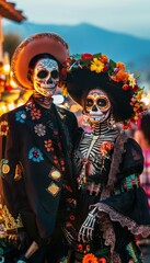 Day of the Dead Couple in Traditional Costumes with Skeleton Face Paint and Vibrant Floral Crowns