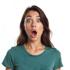 A surprised woman with glasses, on a white background, green outfit, young