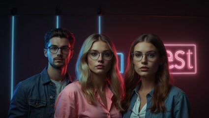 Obraz premium Trendy group of three wearing glasses in a neon-lit setting