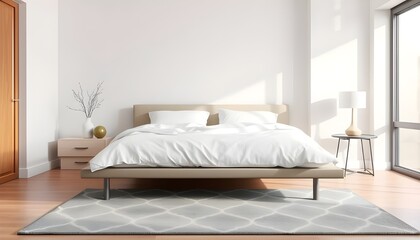 A modern bedroom featuring a low-profile platform bed with crisp white linens, a geometric area rug.