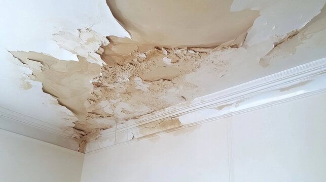 Peeling paint and water marks on a white ceiling highlight the extent of water damage requiring urgent repair.