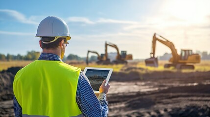 Obraz premium Construction Manager Using Tablet to Manage Excavation Equipment and Oversee Job Site Operations for Project Supervision