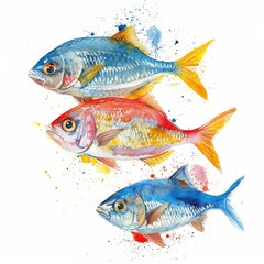 Fototapeta premium This artwork features a trio of sea animals, skillfully illustrated in aquarelle. Each fish is vividly colored, highlighting their distinct shapes and details in a lively presentation